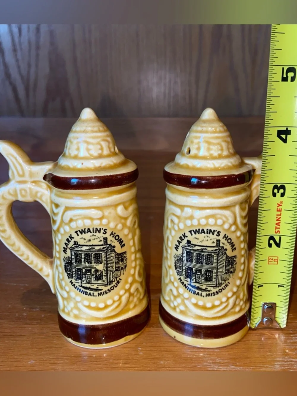 Ceramic Beer Stein Salt & Pepper Shakers Handles Mark Twain’s House Hannibal MO